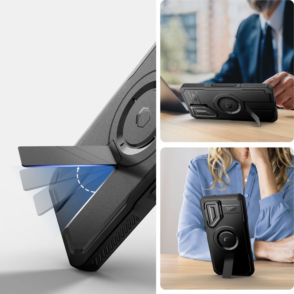 Etui pancerne ze wbudowaną podstawką i osłoną na ekran, Tech-Protect Kevlar MagSafe+ do Samsung Galaxy S25 Plus, czarne.